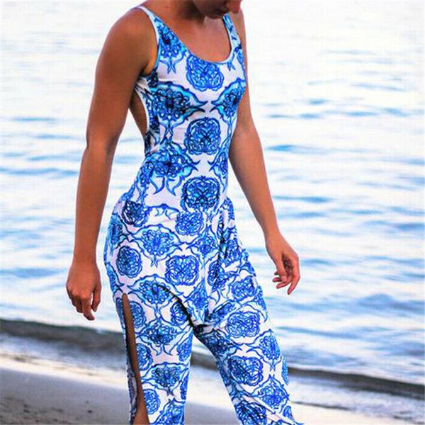 

women floral printed jumpsuit 2019 girl summer playsuit bodycon party jumpsuit sleeveless backless bodysuit beach long trousers, Black;white