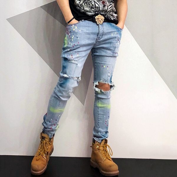 

2020 новые европейские и американские хай стрит чернила спрей краска промывочная вода эластичные рваные джинсы мужские тонкие брюки, Blue