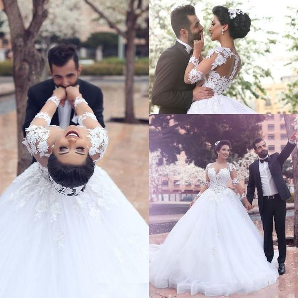 

new design gorgeous middle east arabic wedding dresses 2019 ball gown white tulle lace appliques illusion long sleeves bridal gowns