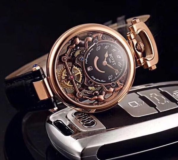

new bovet amadeo fleurier grand complications virtuoso rose gold skeleton white dial mens watch brown leather strap watches, Slivery;brown