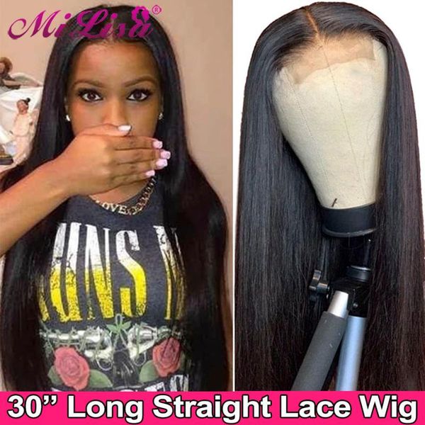 

30 inch straight lace closure wig lace closure human hair wigs pre plucked with baby hair mi lisa remy malaysian 4x4 wig, Black;brown