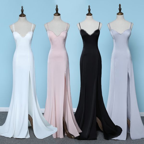 

holievery beaded elastic satin mermaid evening dresses with spaghetti straps 2020 split long evening gowns abiye elbiseler, White;black