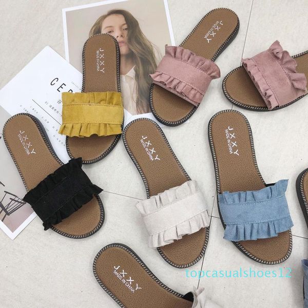 

women slipper round toe green yellow colors summer beach slides lace flip flops outdoor casual sewing shoes woman solid slides t12, Black