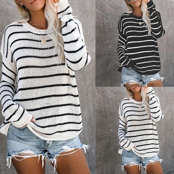 

2020 spring new model knitted sweater round neck stripe spell color sweater women women knit, White;black