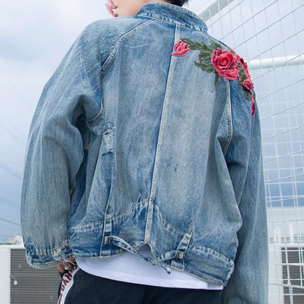 

plus size 2019 men and women lovers spring and autumn new three-dimensional rose embroidery hole retro denim jacket, Black;brown