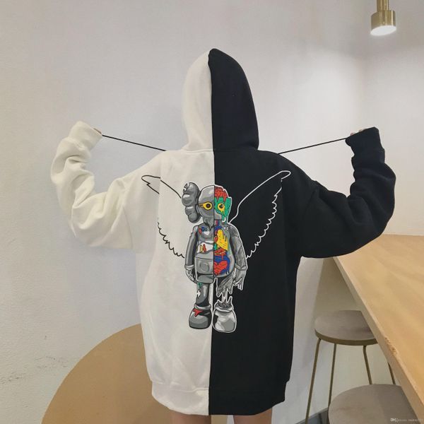 

mens fashion hoodie kaws designer hoodies brand wings hip hop contrast color cartoon couple cotton pullovers new fashion hoodies, Black