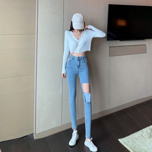 

ripped jeans 2020 early autumn new korean version of tight leggings high waist pants slim slimming pencil pants women, Blue