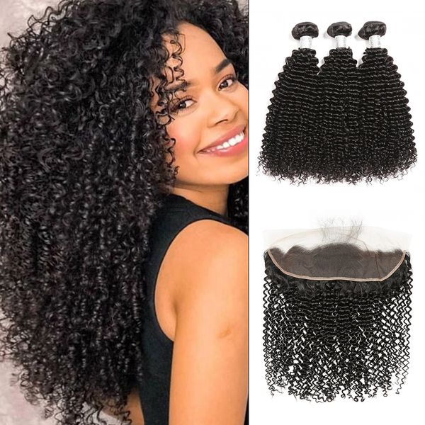 

гху перуанский завитые связки с фронтальным afro kinky завитые человека пучки волос с фронтальным kinky завитые 3 связки и лобовой, Black;brown