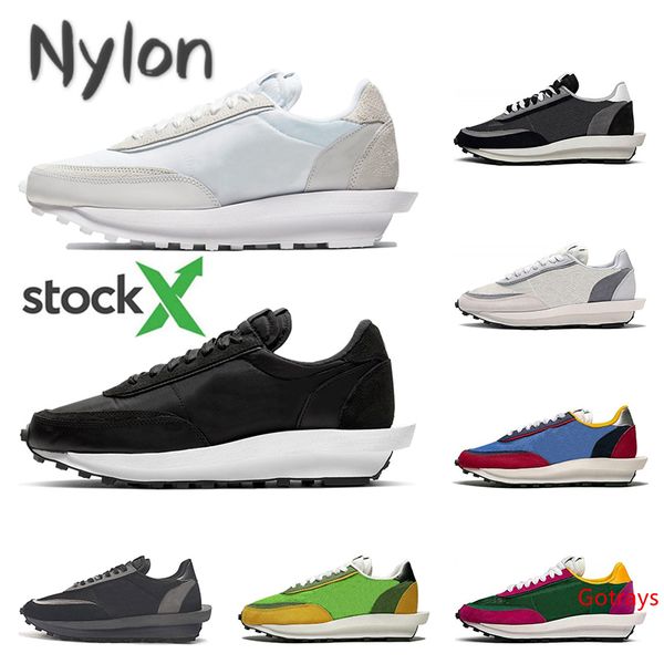 

stock x sacai ldv waffle black white nylon running shoes grey pine green gusto varsity blue mens trainers fashion sport sneakers