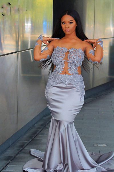 

long prom dresses 2019 see through long sleeve beaded lace africab mermaid silver evening dress girl, Black