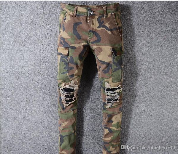 

camo джинсы новый летний модельер мужские рваные biker повседневные брюки хип-хоп джинсы джинсы denim длинные брюки, Blue
