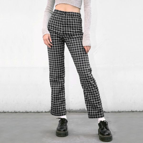 

women high rise elastic waist checked straight pants 3 colours, Black;white