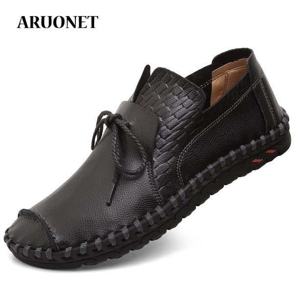 

auronet men's leather shoes for autumn winter hand sewing soft wear-resisting drive fashion casual shoes mens moccasin 38-47, Black