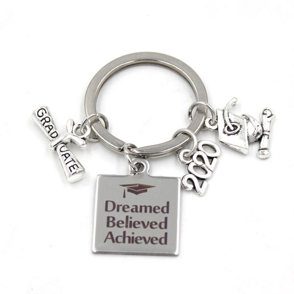 

new arrival stainless steel key ring 2020 graduation key chain keyring gifts for graduates gift jewelry dreamed believed achieved key chain, Slivery;golden