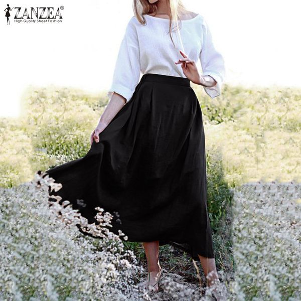 

zanzea women's mid calf skirt 2019 autumn winter elegant office work jupe faldas casual loose solid elastic waist pockets skirts, Black