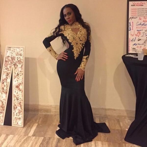

2019 Sexy Gold and Black Prom Dresses for Black Girls 2K19 Long Mermaid Long Sleeves Evening Dress for Women Plus Size Party Gowns