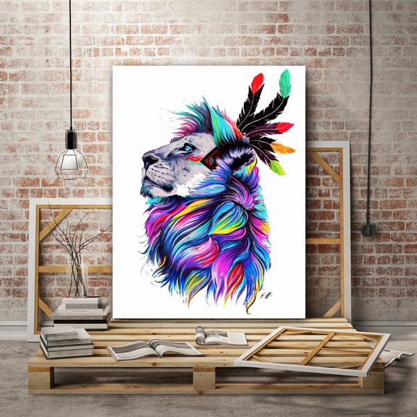 

watercolor lion animal feather pictures colorful canvas painting posters and prints wall art cuadros home decor unframed
