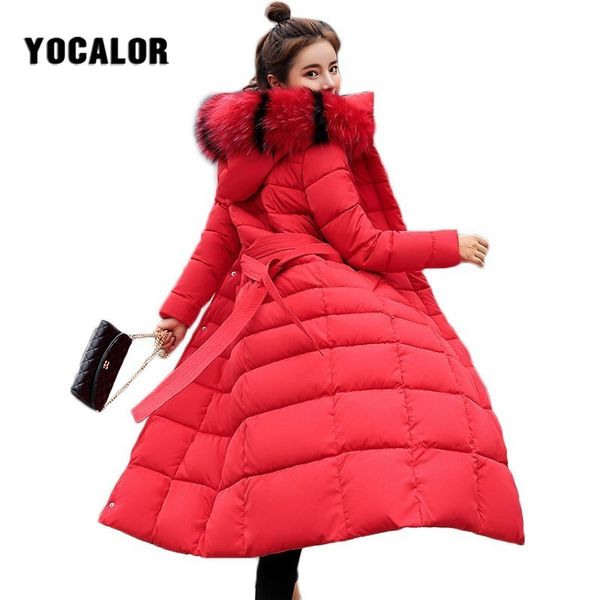 

2018 winter long coats faxu fur collar coat quilted jacket women warm parka feminina outerwear plus size hood down snow wear, Black