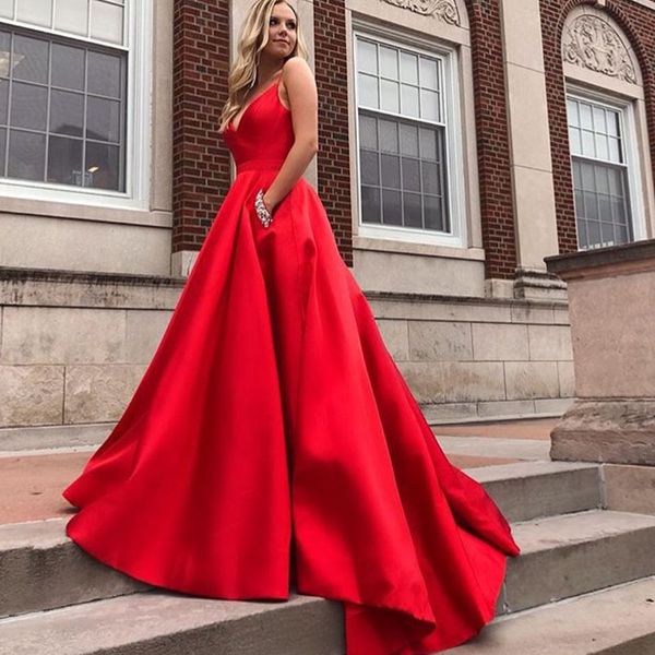 

Elegant atin 2019 prom dre e with pocket red ball gown diamond v neck leevele party gown backle formal gown ve tido de fe ta
