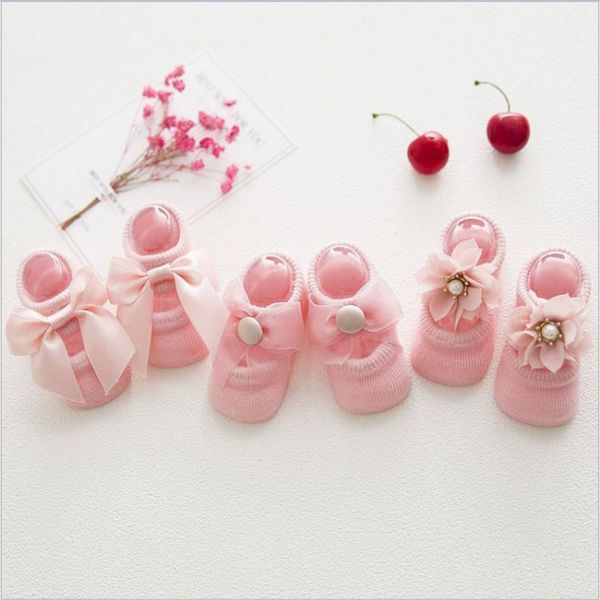 

cute kids baby lace bow cotton hollow boat socks floor newborn baby girls socks 3 pairs set gifts, Pink;yellow