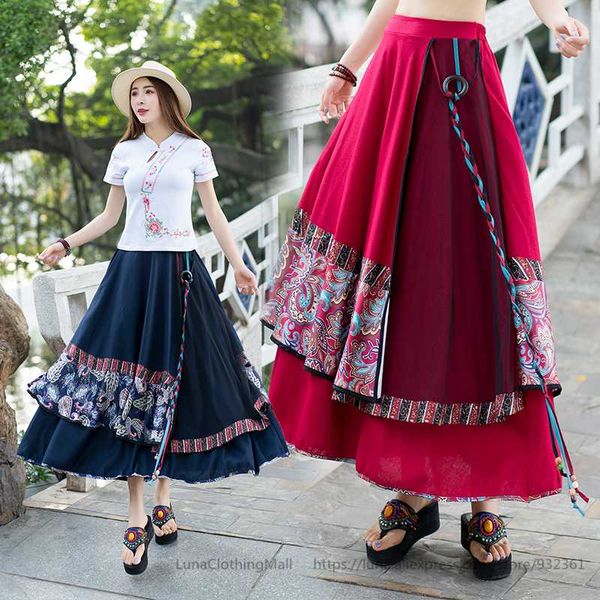 

skirts vintage print asymmetric big hem maxi long skirt boho hippie festival mutil layer women, Black