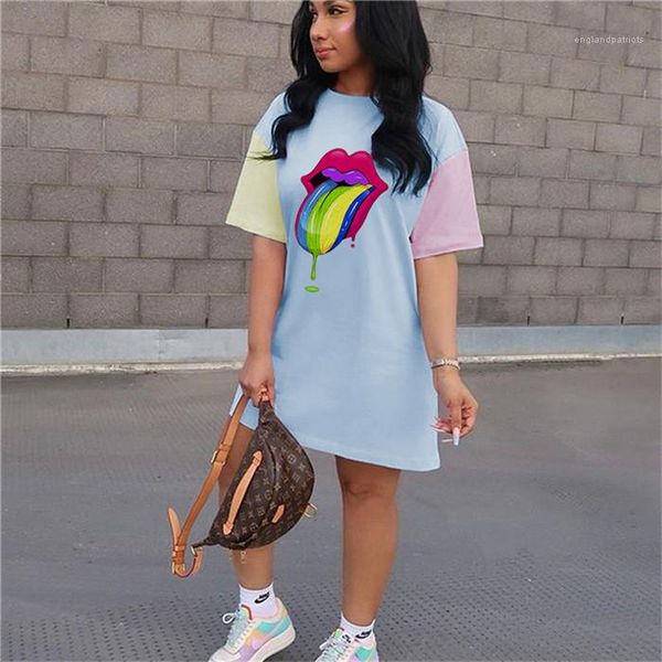 

straight середина длина платья женщин большого lip печать тенниска лето платье сыпучей контрастный цвет платье женщина обшитых панелей crew, Black;gray