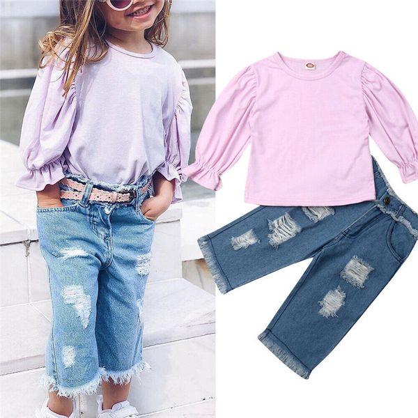 

1-6y toddler kid baby girls ruffle long sleeve t-shirt ripped holes denim long pants jeans outfits girl clothing 2pcs set, White