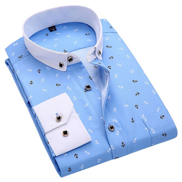 

New 2018 Spring Men Casual Shirts Fashion Long Sleeve Brand Printed Button -Up Formal Business Polka Dot Floral Men Dress Shirt