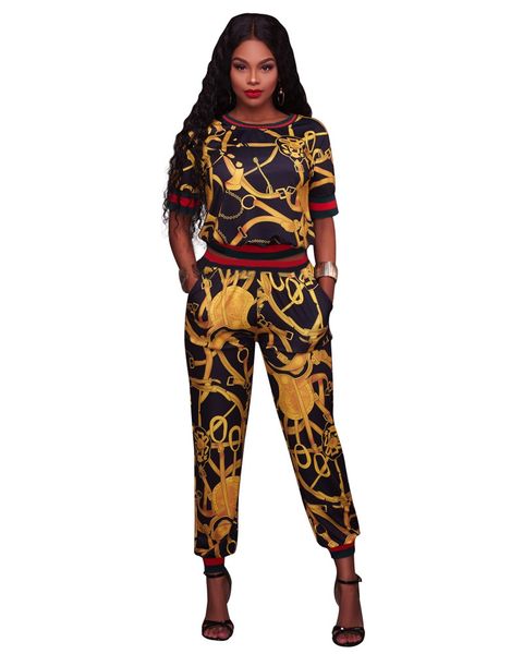 

women golden chain priting sets luxury women two piece pants fashion panelled knited ribbon women two piece sets, White