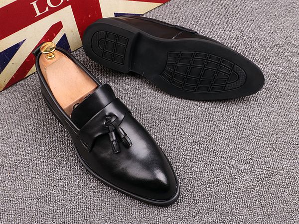 

men tassel dress shoes genuine leather flat business casual shoes loafers male formal wedding zapatillas hombre size 37-44, Black