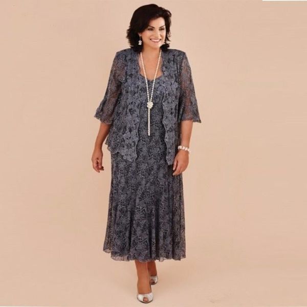 

luxury plus size gray lace tea length mother of the bride dresses with jacket bride mother wedding party formal vestido de renda, Black;red