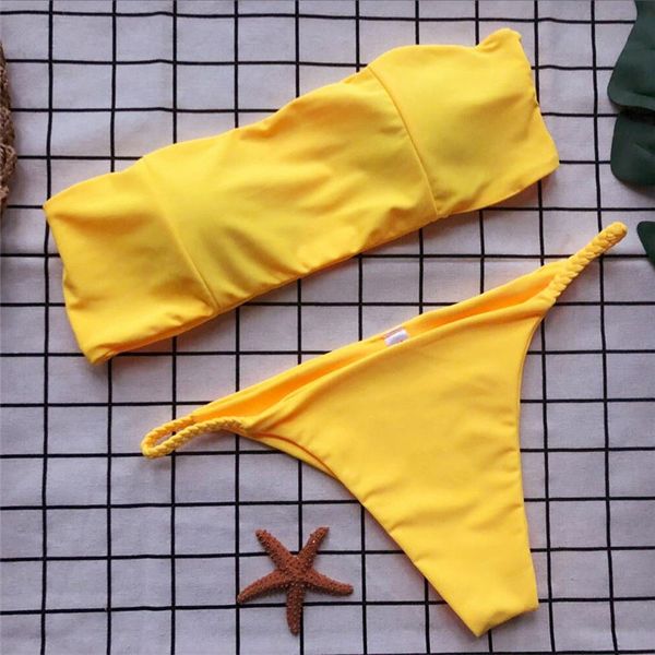 

new women pure yellow bikini set 2018 summer padded push-up bandage swimsuit beachwear wrap chest swimwear bandeau bathing suit