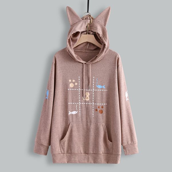 

2019 women casual hoodies print cat ear hooded long roll up sleeve pocket irregular blouse feminine oversize sweatshirts, Black