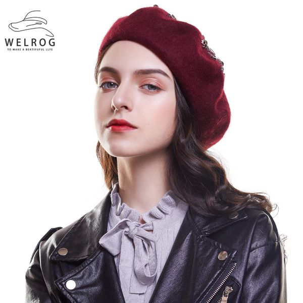 

welrog wool berets autumn winter hats for women crystal flower pattern hat female artists painter cap soft boina feminina 2018, Blue;gray