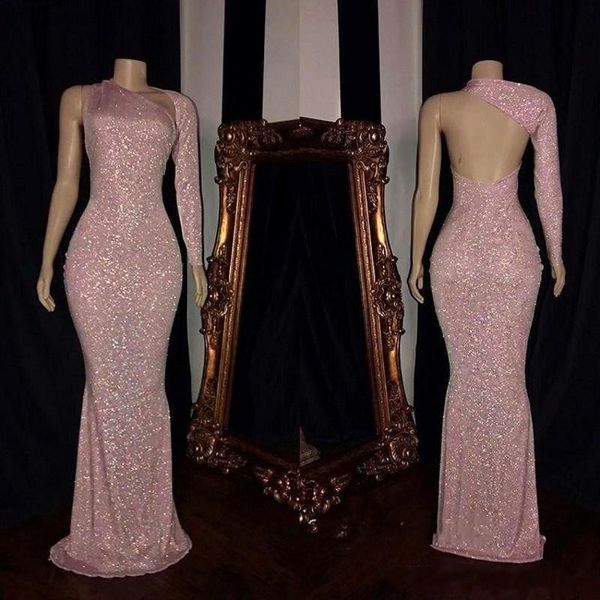 

2020 sparkly розовый sequined русалка пром платья sexy одно плечо backless поезд стреловидности с длинными рукавами вечерние платья женская, Black