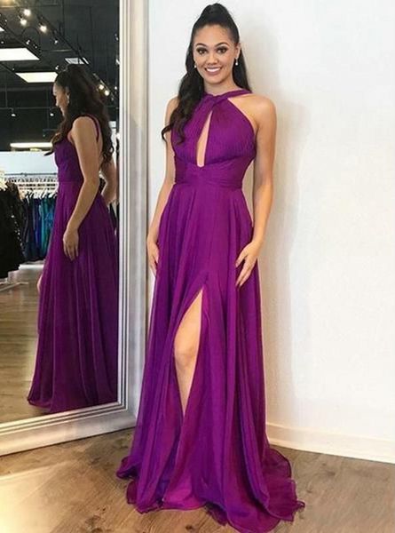 Einfache lila lange Abschlussballkleider Neue ärmellose Split Side Bodlänge Chiffon Formales Abendkleid Plus Größe Partykleider