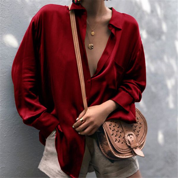 

Trendy Women clothes Loose Long Sleeve solid casual Blouse turn-down collar Ladies Polyester Shirts one pieces