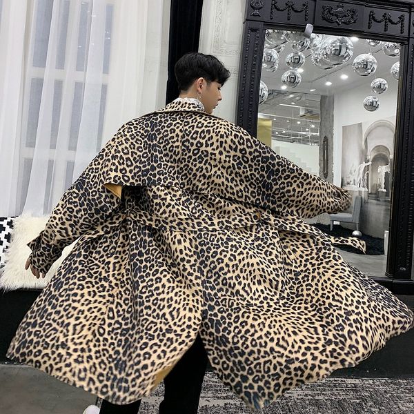 

2018 coat men high-end leopard print long ribbon male gabardina hombre windbreaker kaban erkek trench coat men abrigo hombre, Tan;black