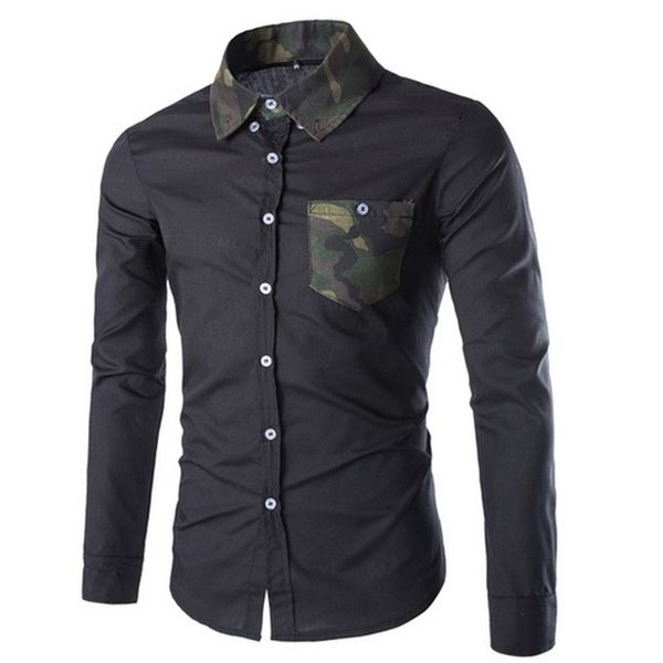 

zogaa 2019 new men casual shirt camouflage patchwork slim dress shirt casual button down long sleeve pocket formal blouse camisa, White;black