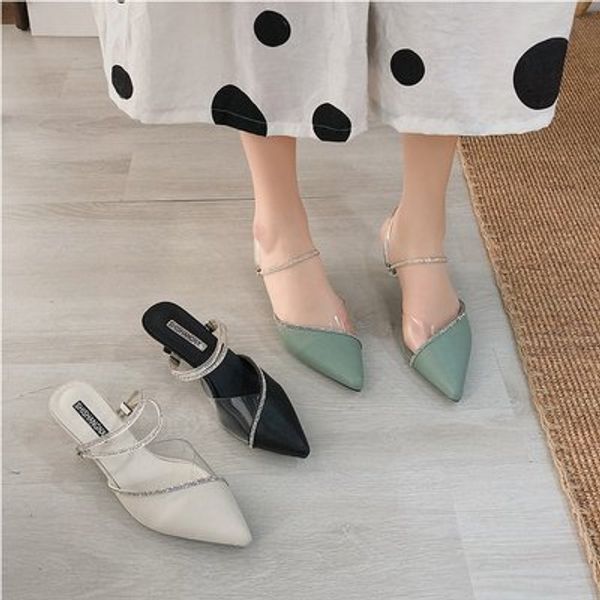 

slippers women 2020 summer fashion breathable rhinestones one shoe two wear stitching solid color middle heel, Black
