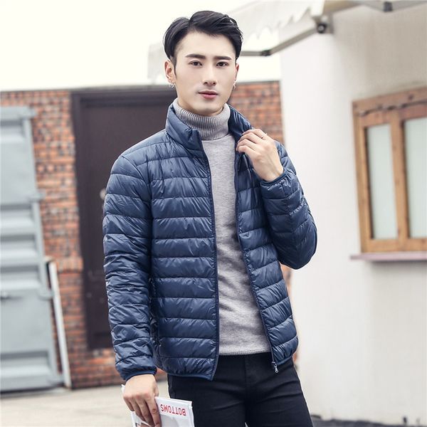 

2019 men's new light down jacket collar winter jacket cap duck down  men's motorcycle leather parker coat, Black