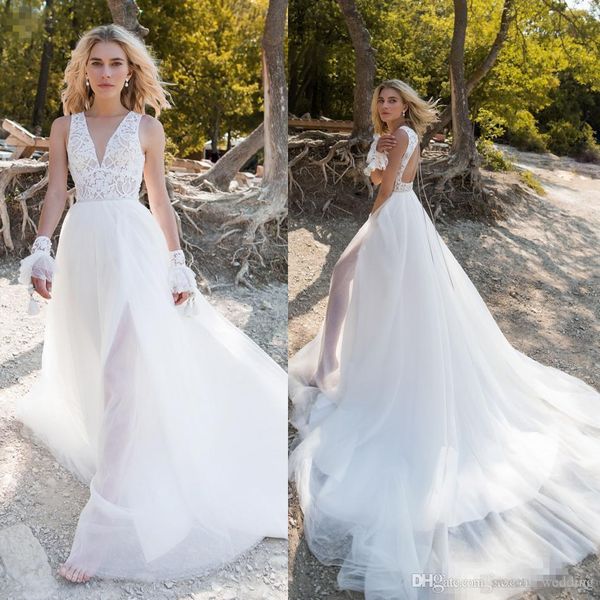 

a-line wedding dresses jewel illusion sleeveless lace appliques beach bridal gowns sweep train a line wedding dress robe de mariee, White