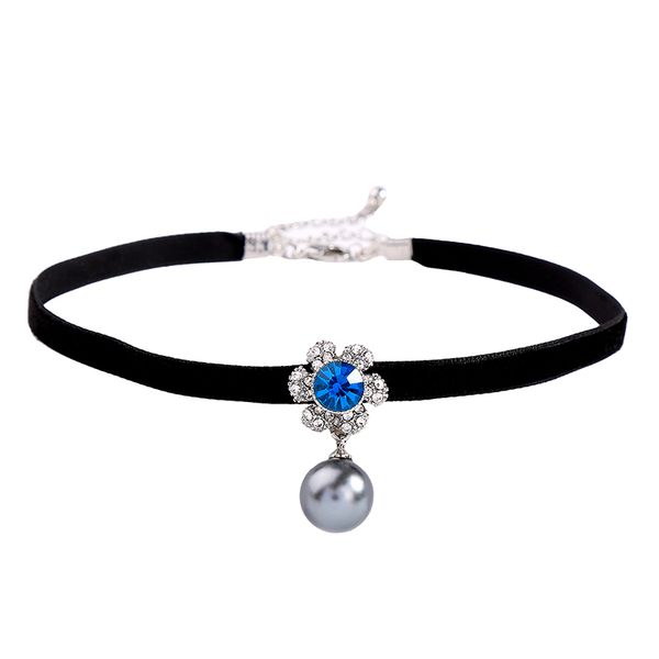 

exquisite crystal flower dark color imitation pearl punk black velvet strip fashion women choker necklace jewelry wholesale, Golden;silver