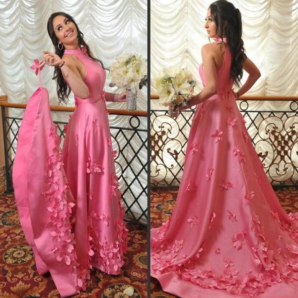 

prom dress long 2020 pink a line high neck new abendkleider celebrity evening dresses 3d flower long formal dresses, Black