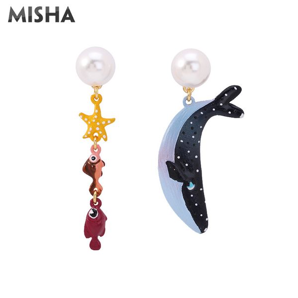 

misha stud earrings for women girls handmade enamel glaze whale coral pearl stud earrings romantic party jewelry gifts l921, Golden;silver