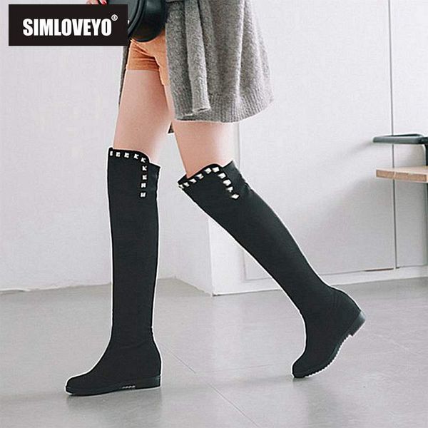 

simloveyo platform hidden boots shoes women winter boots slip on round toe over the knee botas feminino mujer rivet b1016, Black