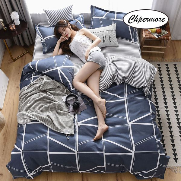 

chpermore 100% cotton thick warm bedding set simple plaid duvet cover sets bed sheets pillowcases 3/4 pcs twin  king size