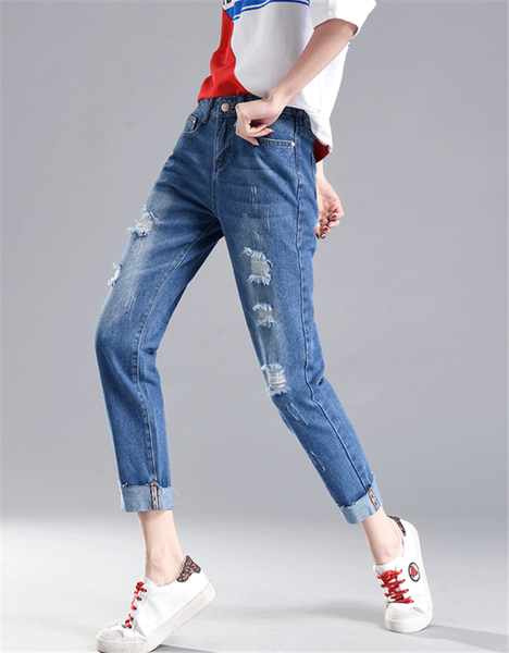 

2020 spring and summer rotten ripped jeans female korean loose straight korean bf nine points beggar pants, Blue