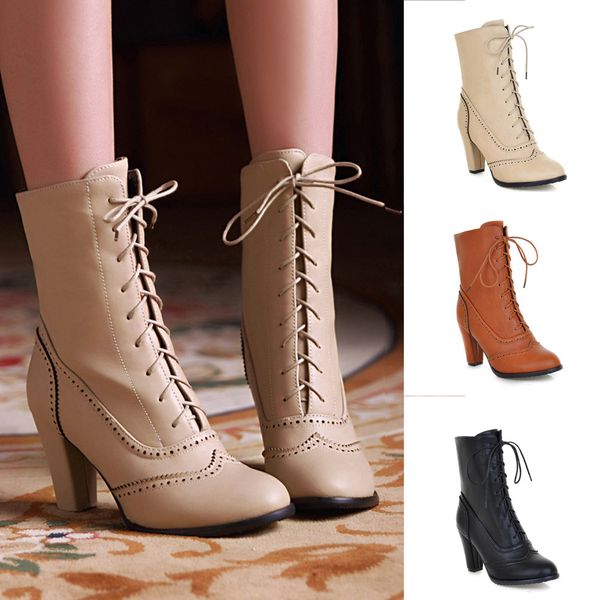 

ladies winter hight heel boot women pu leather lace-up high-heeled boots middle tube boots botines mujer 2020 riding boot, Black
