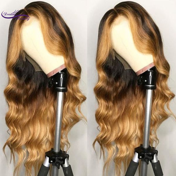 

brazilian remy hair lace front wig wavy ombre blonde highlights color 180% density middle part pre plucked dream beauty y190713